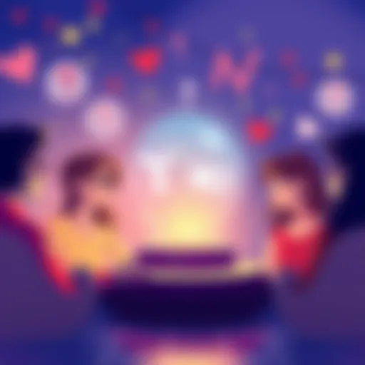 A colorful illustration showing people asking questions with initials for yes or no readings in a comment section, featuring a crystal ball and positive symbols like hearts and stars.