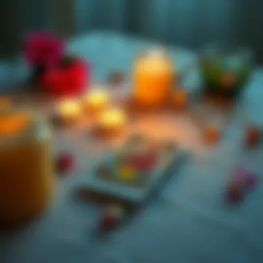 A tarot card laid out on a table with flowers and candles around it, representing a calm space for receiving guidance.