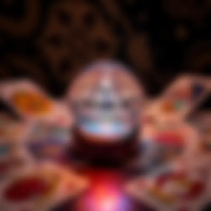 A crystal ball surrounded by tarot cards, inviting participants for free 1-card mirror readings about someone's energy