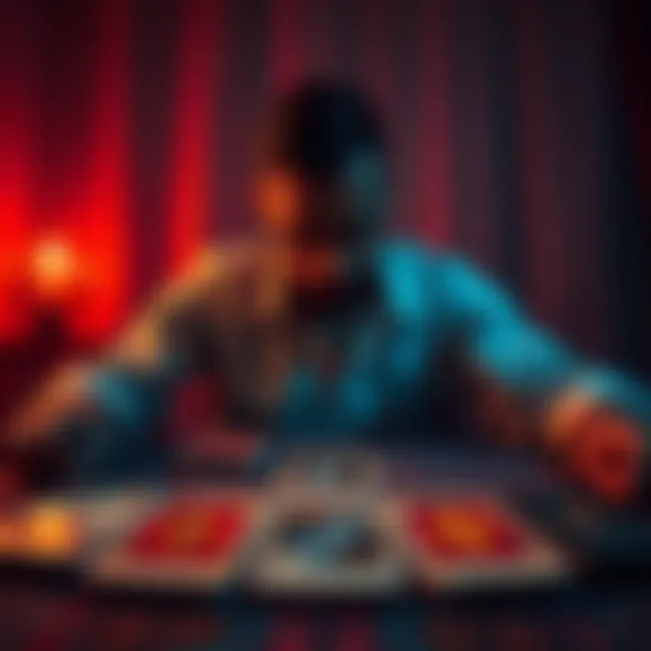 An individual reflecting during a tarot card reading session with three decks laid out in front of them