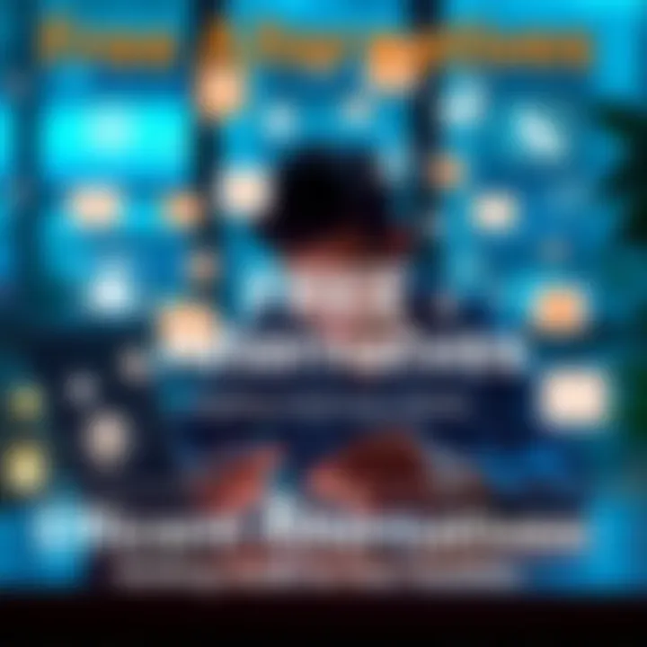 A person using a laptop surrounded by icons representing free services and products, showing value and efficiency