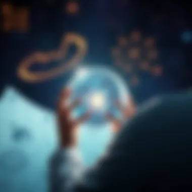 Free Astrology Reading Concept A person looking at astrology charts and symbols, with a crystal ball and starry background representing insights into love and life paths.