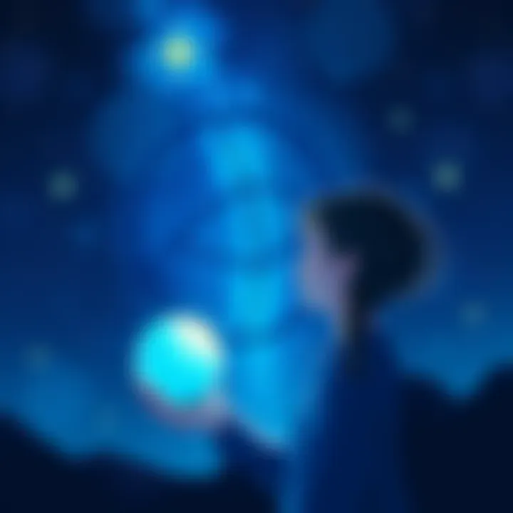 Free Astrology Readings An illustration of a person looking at a starry night sky, contemplating while holding a crystal ball, symbolizing astrology and guidance.