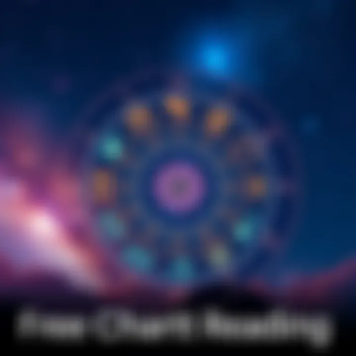 An illustration of a zodiac wheel with symbols of astrological signs and stars in a night sky