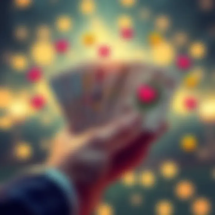 Free Blind Card Readings Illustration An inviting scene showing a hand holding tarot cards with colorful emojis and initials around them, symbolizing community participation in card readings