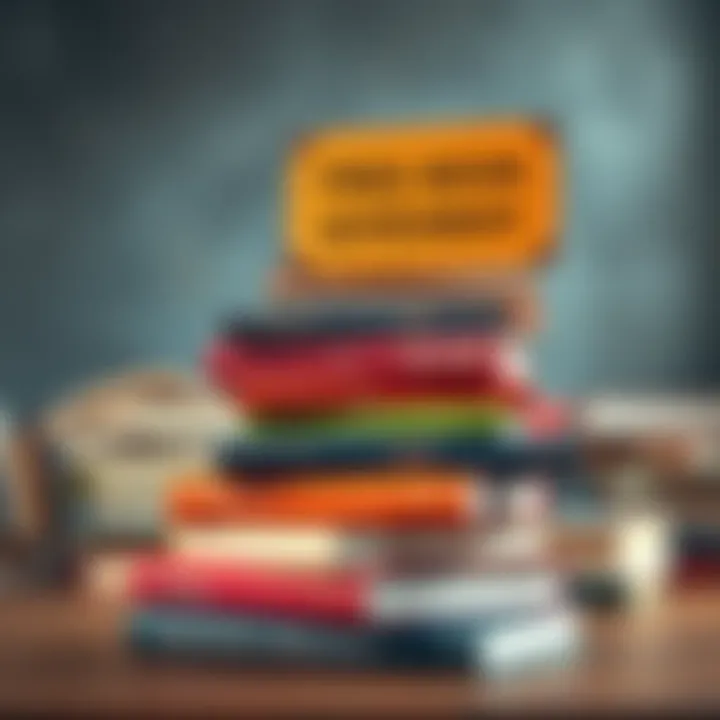 A stack of colorful books with a sign announcing a free book giveaway