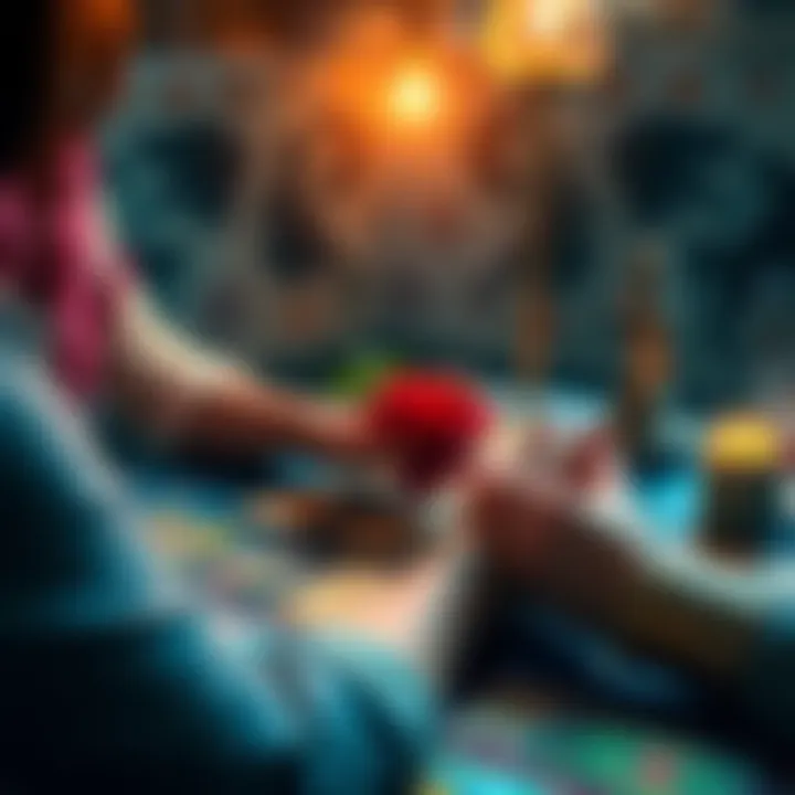 A person receiving an intuitive card reading from a clairvoyant with cards laid out on a table