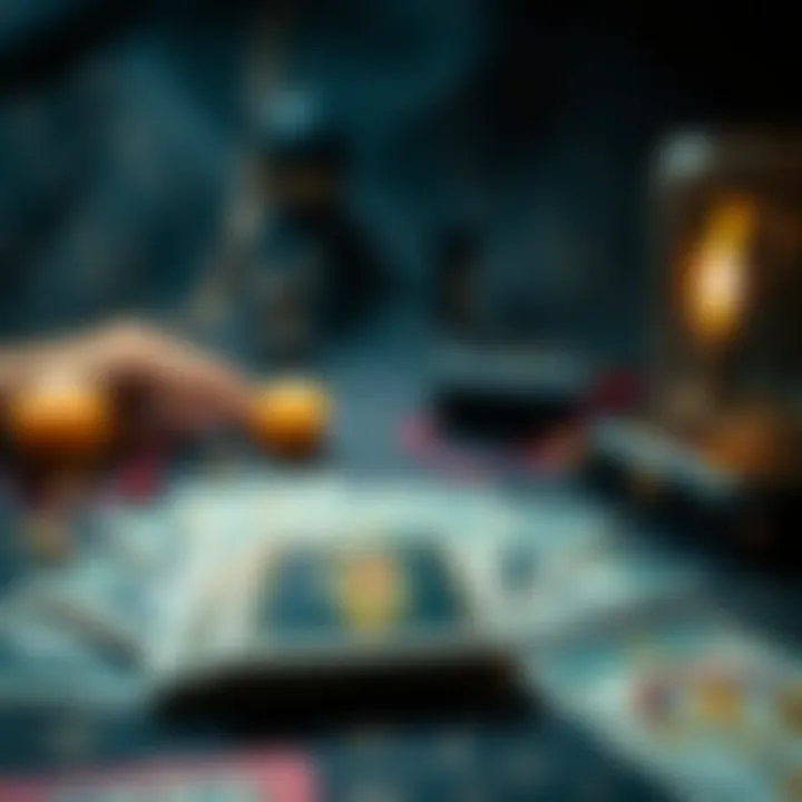 A close-up of tarot cards spread out on a table with a mystical background, inviting people to ask questions for a yes/no/maybe reading.