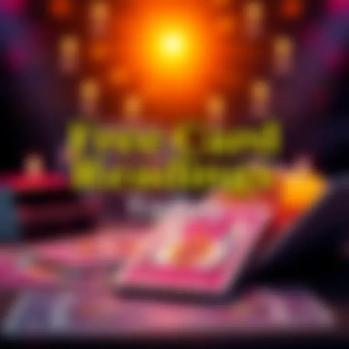 A colorful graphic promoting free card readings with tarot cards and a welcoming message