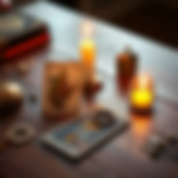 Two tarot cards and oracle tools on a table with a glowing candle, inviting participants to join the reading session.