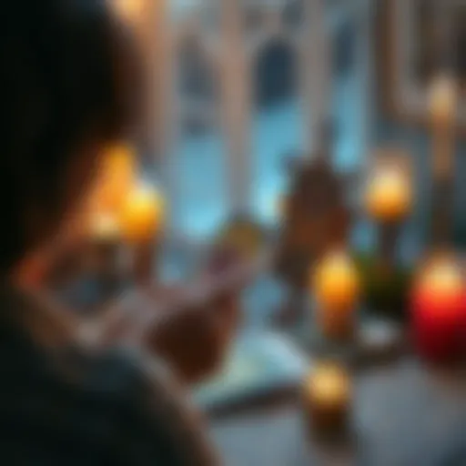 A person receiving a tarot card reading with a calm atmosphere and candles in the background
