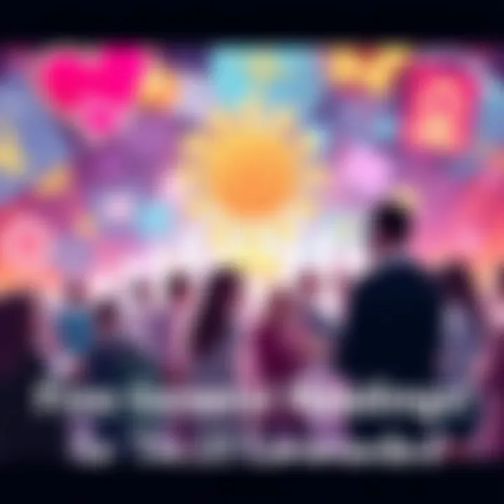 A vibrant graphic showing people engaging in discussions and comments about free general readings, with symbols representing love and work in the background.