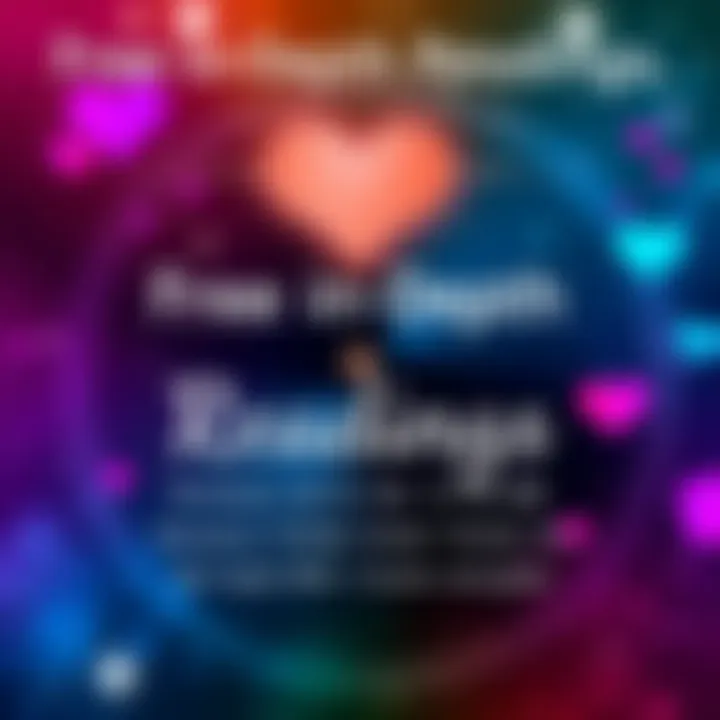 A colorful graphic promoting free in-depth readings with rainbow and heart symbols, featuring text about the topics of romance, family, career, and goals.