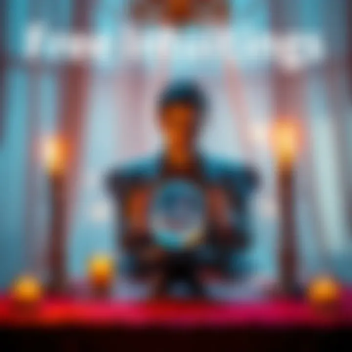 A person offering intuitive advice at a table with a crystal ball and candles, surrounded by a warm and inviting atmosphere.