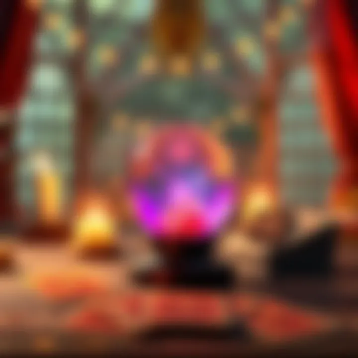 A welcoming scene with a crystal ball and tarot cards, indicating free intuitive readings. Warm colors create a friendly atmosphere.