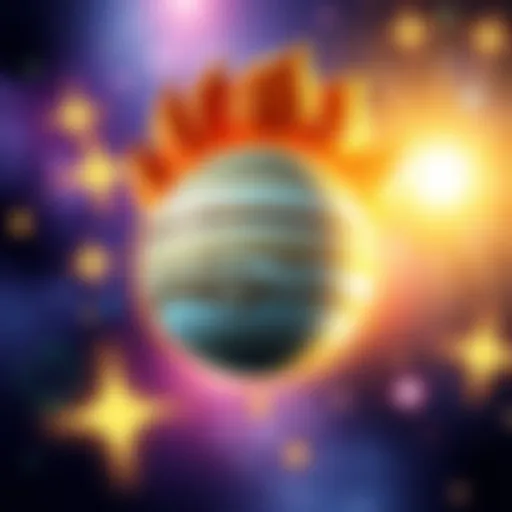 A bright astrological illustration featuring Jupiter in Leo, symbolizing a chance for a free reading, with vibrant stars in the background.