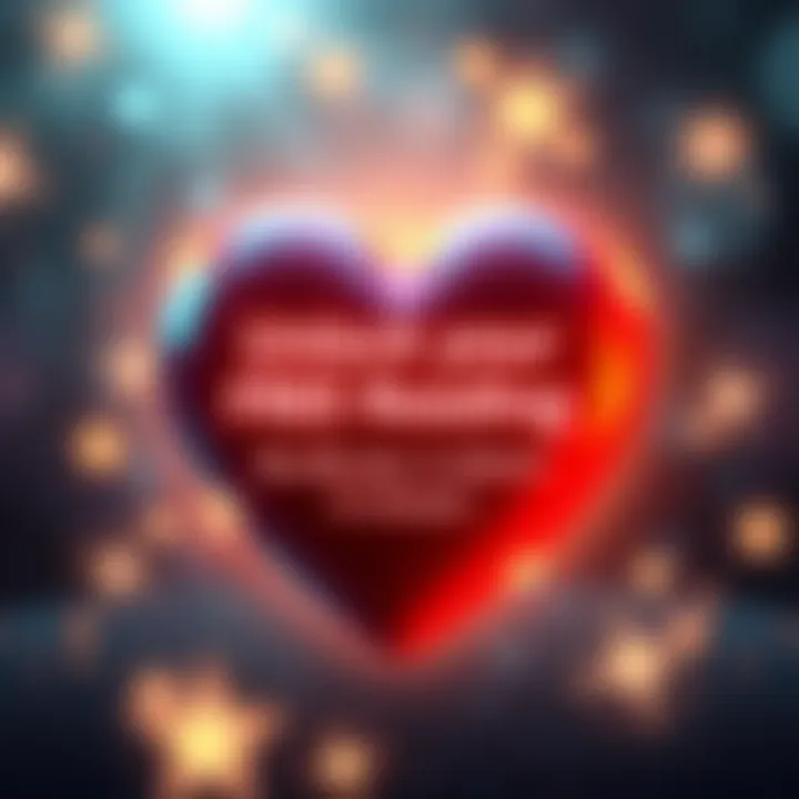Free Love Reading Offer A graphic showing a glowing heart with a message inviting people to apply for a free love reading, with a background of stars and sparkles.