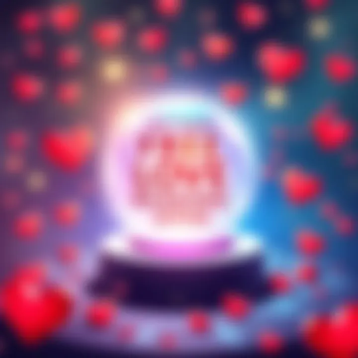 Free Love Reading Offer Bright illustration showcasing a glowing crystal ball surrounded by hearts, symbolizing love insights and readings.