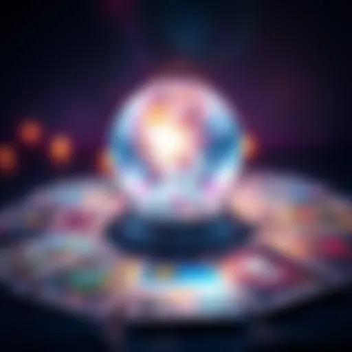 A crystal ball with glowing light and tarot cards spread out, symbolizing love readings.