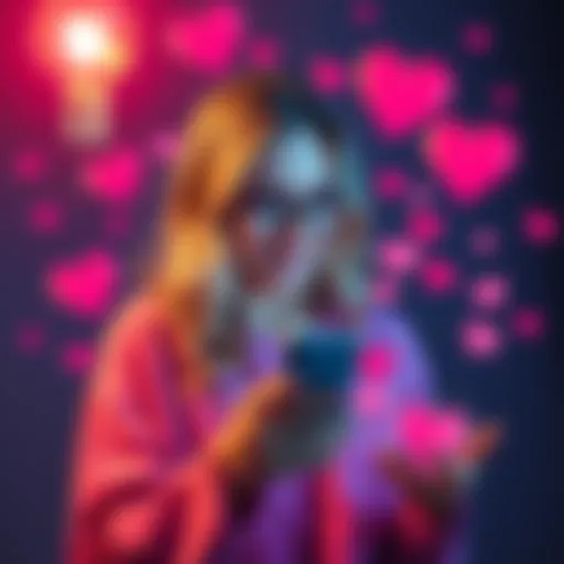 A woman happily engages with her phone, ready to send a direct message for a love reading, surrounded by hearts and sparkles.