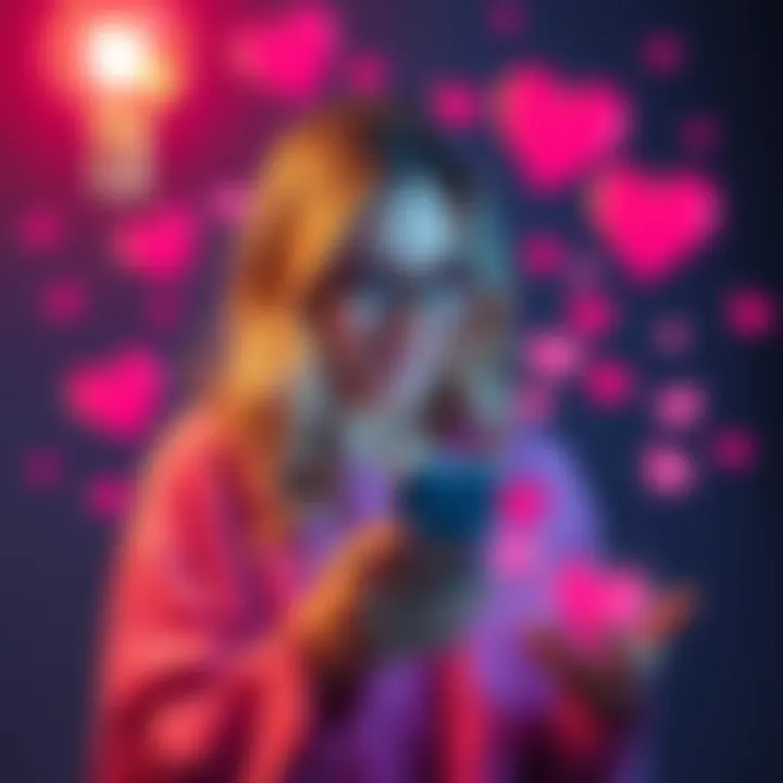A woman happily engages with her phone, ready to send a direct message for a love reading, surrounded by hearts and sparkles.