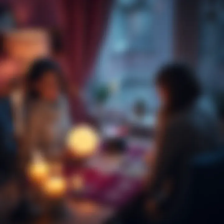 Free Love Readings A person sitting at a table with tarot cards and a crystal ball, providing love readings to another person, surrounded by candles and a calming atmosphere.