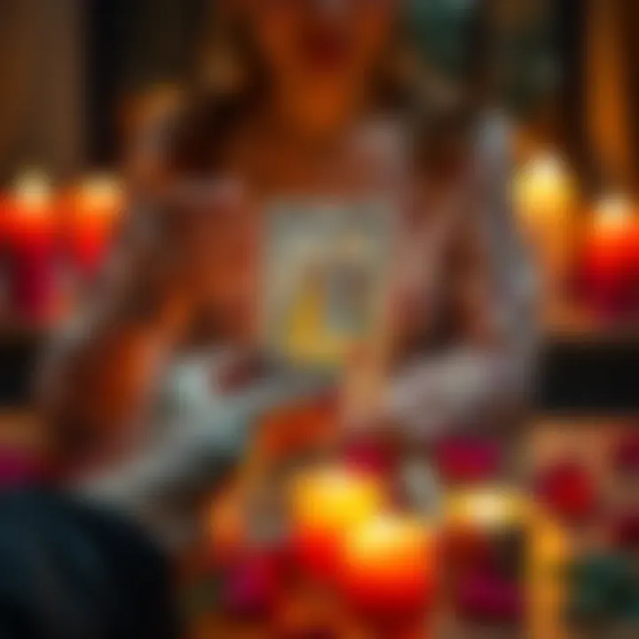 Free Love Readings A person holding a tarot card while sitting at a table, surrounded by candles and rose petals, offering insights into love and relationships.