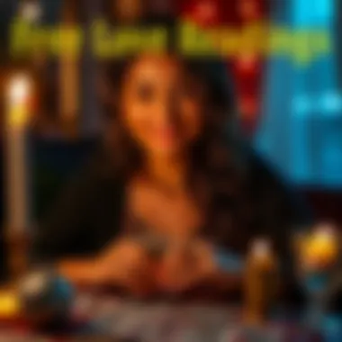 Jasmine offering free love readings with a warm smile, surrounded by tarot cards and candles