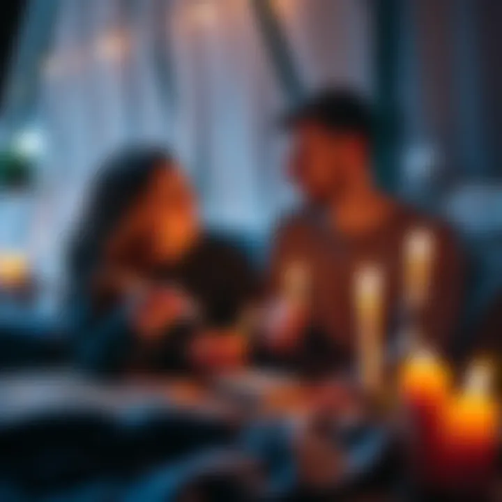 A couple in a cozy setting enjoying a love reading session with cards and candles