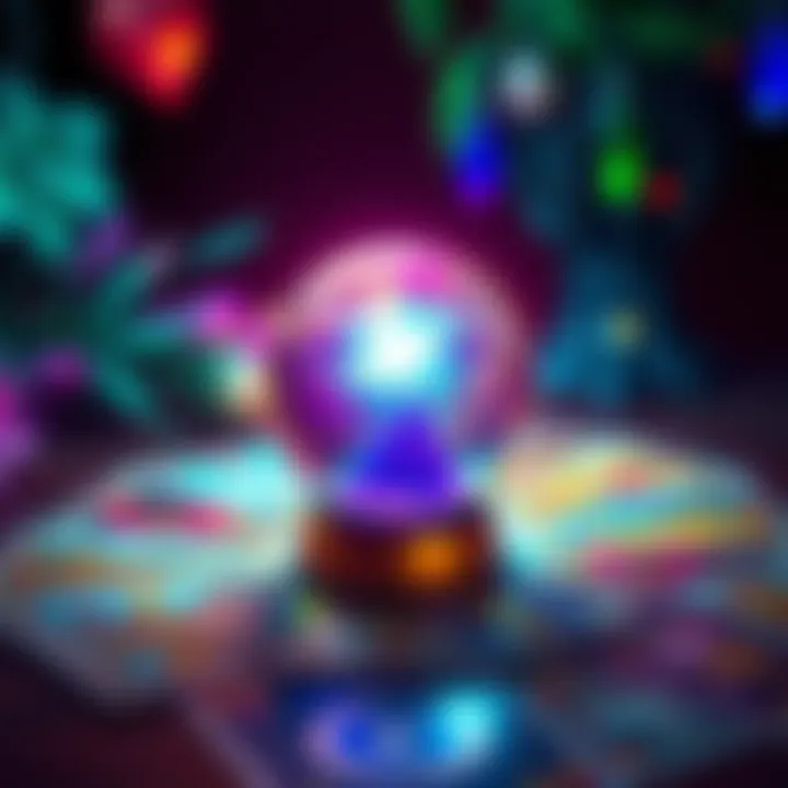 A colorful tarot card spread with a glowing crystal ball, inviting people for free love readings and guidance.
