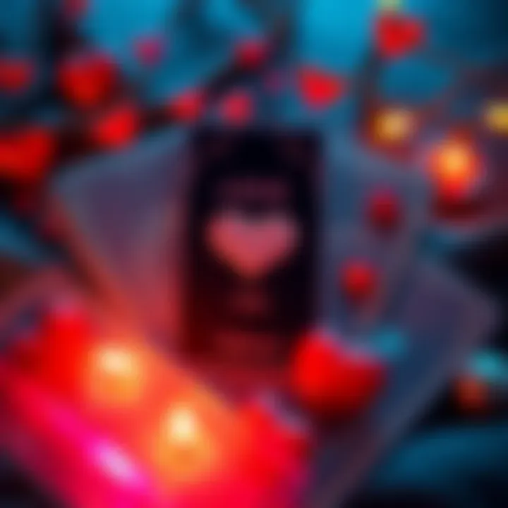 A creative illustration of tarot cards with hearts and love symbols, showcasing a free tarot reading offer. The scene invites viewers to explore love insights.