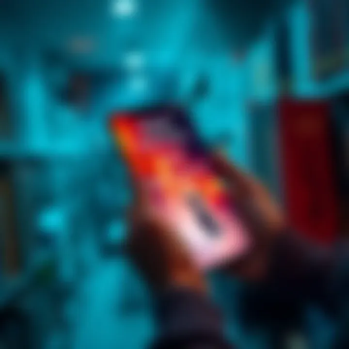 Person browsing magickal books on a smartphone using the Hoopla app, with library books in the background.