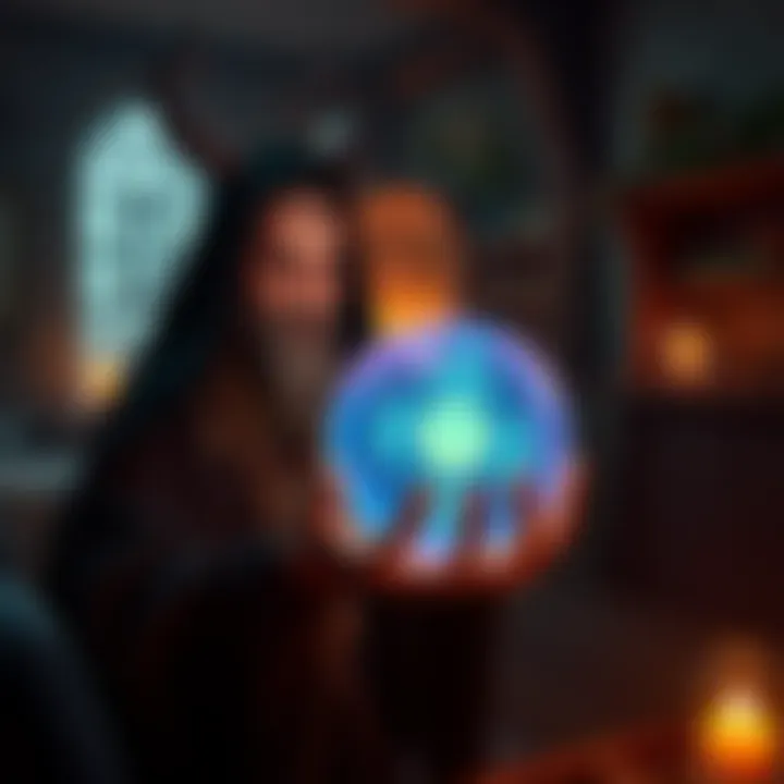 Free Messages from Good Demons A novice demonologist and chaos witch holding a crystal ball, inviting people to receive messages from benevolent spirits in a cozy, mystical setting.