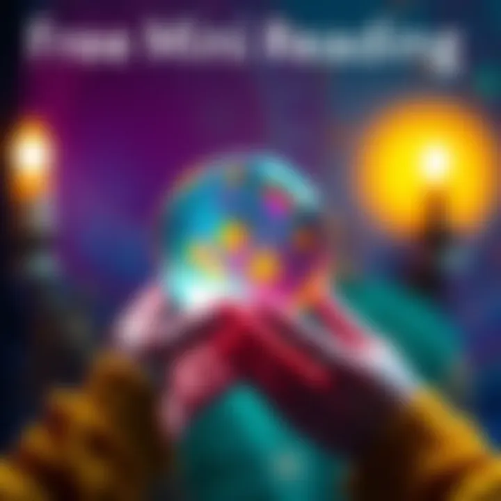 A welcoming graphic showing a crystal ball and hands inviting people to claim free mini readings. Bright colors enhance the positive energy theme.