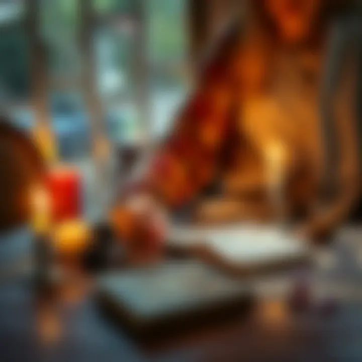 Free Mini Readings A person sits at a table with tarot cards and a notebook, ready to offer mini readings. The atmosphere is warm and inviting, with candles and crystals around them.