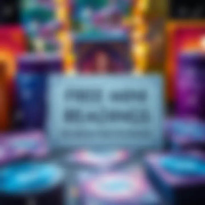 A colorful display of the Message from the Universe card deck with a sign advertising free mini readings for a week. Sparkles and stars enhance the inviting feel.