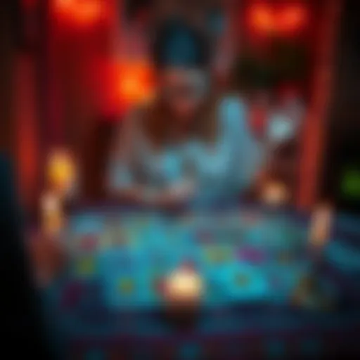 A woman is giving a tarot reading with colorful tarot cards spread out on a table, candles lit around, creating a mystical atmosphere.