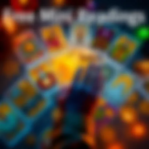 A colorful tarot card spread with a person contemplating their question, inviting engagement for free readings.