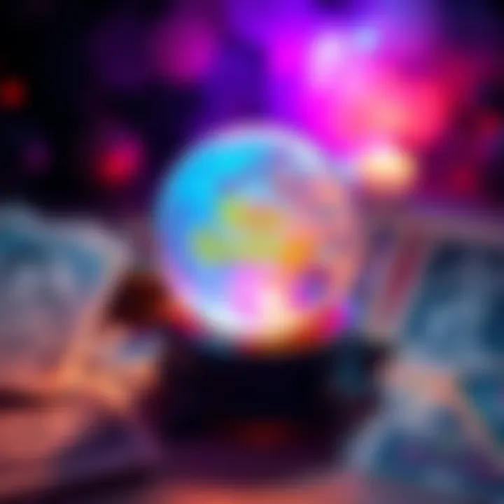 A vibrant image of a crystal ball surrounded by various tarot cards, inviting people to ask ethical questions for free readings.