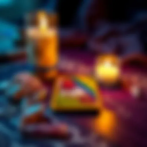 A colorful tarot card laid out with a candle and crystals around it, inviting people to join for a reading.