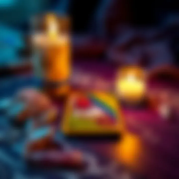 A colorful tarot card laid out with a candle and crystals around it, inviting people to join for a reading.