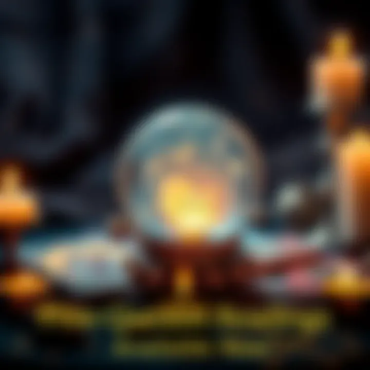 A crystal ball glowing with light, surrounded by tarot cards and candles, symbolizing the offer of free one-question readings.