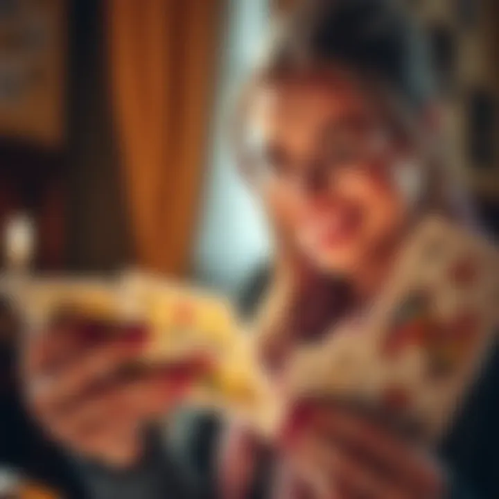 A person looking at tarot cards with a joyful expression, indicating an offer for free readings on personal topics like relationships and careers.