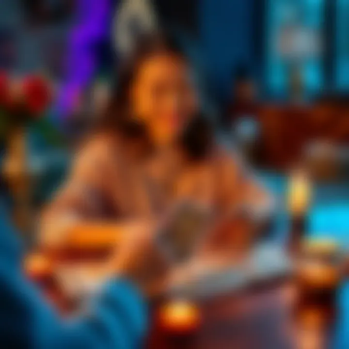 A beginner oracle card reader lays out cards on a table with a joyful expression, inviting participants for free readings.