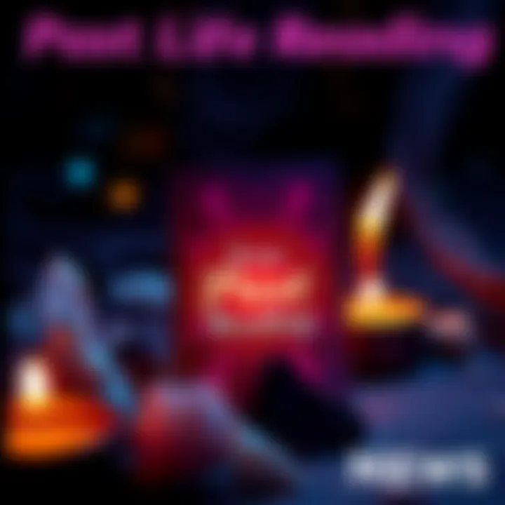 A glowing tarot card with the message 'Free Past Life Reading' surrounded by crystals and candles