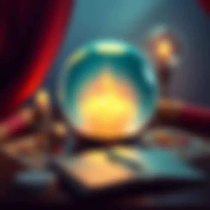 Free Psychic Reading Call to Action Illustration showing a crystal ball with a glowing light inside, surrounded by tarot cards and a notebook for questions.
