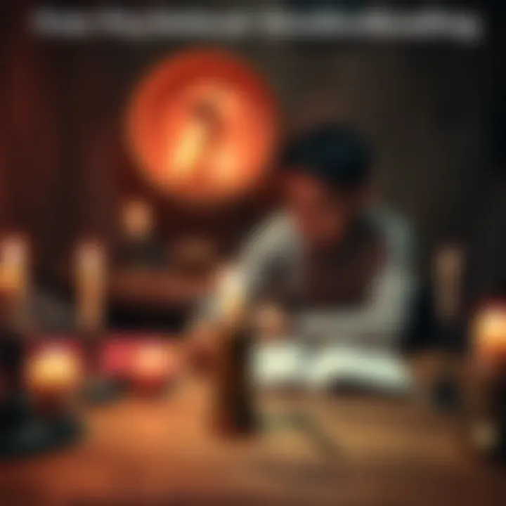 A person sitting at a table with candles and notes, engaging in a psychological hoodoo reading session, focusing on personal insights and patterns.