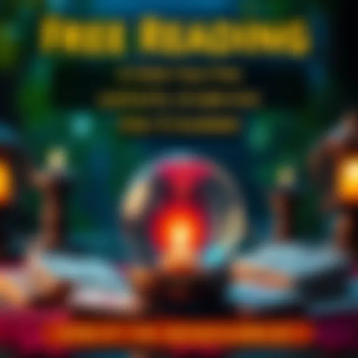 A vibrant graphic promoting free readings with cards and a crystal ball