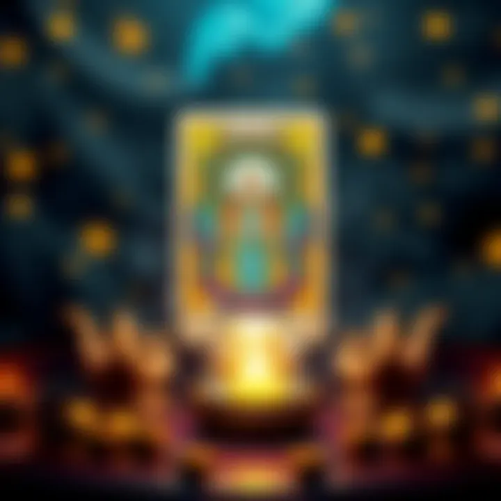 A colorful graphic inviting people to join free readings on Monday. It features a tarot card and a crystal ball with sparkles around them, creating a welcoming vibe.