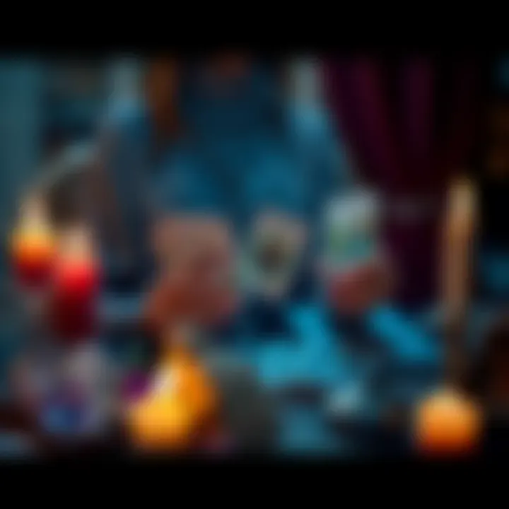 A person holding tarot cards while sitting at a table with candles and crystals, inviting people to share their questions for free readings.